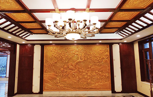 中山中式别墅客厅中式木作横梁吊顶装饰展示