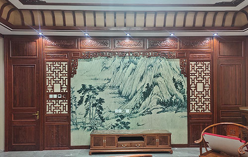 中山中式仿古别墅客厅背景墙花格木作装饰